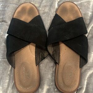 Clarks Black Suede Snakeprint Rubber Sole Slides (Size 6)